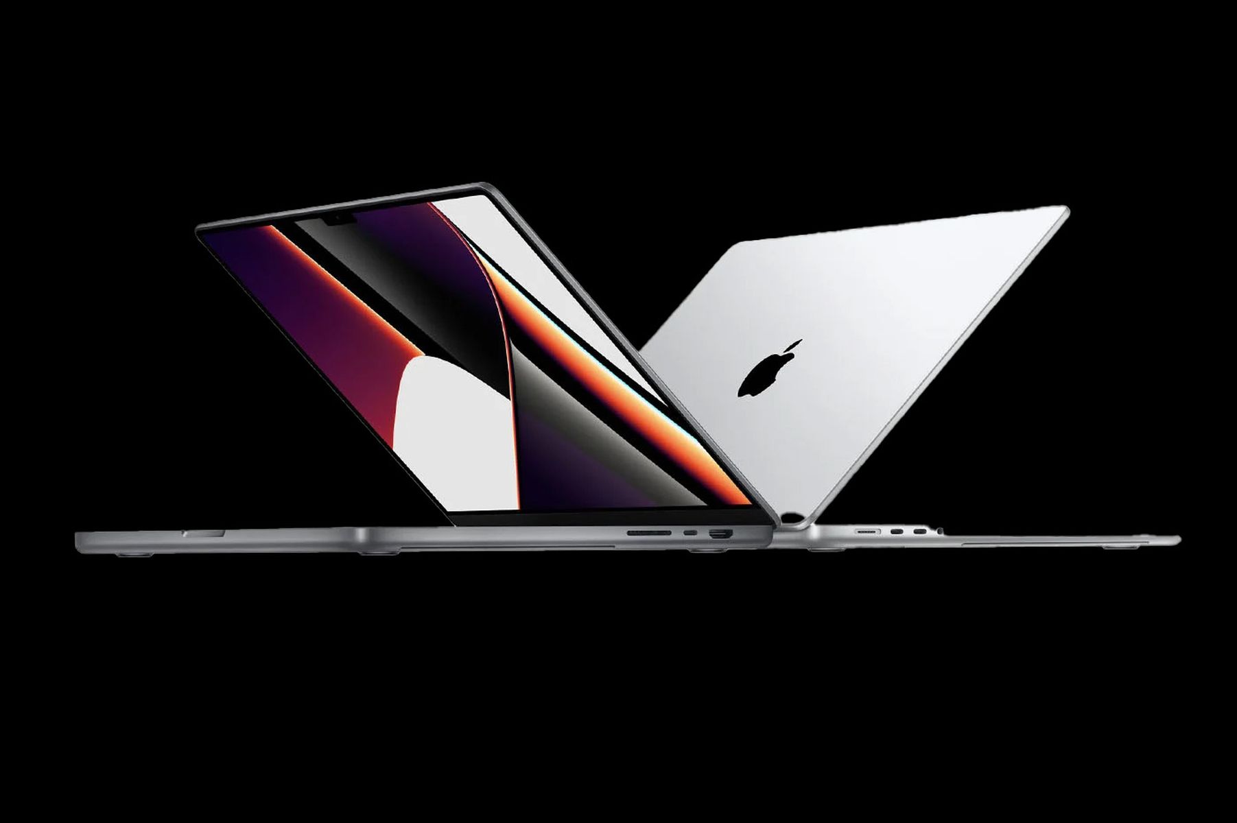 MacBook Pro 14 pouces vue de face, écran allumé montrant une interface élégante